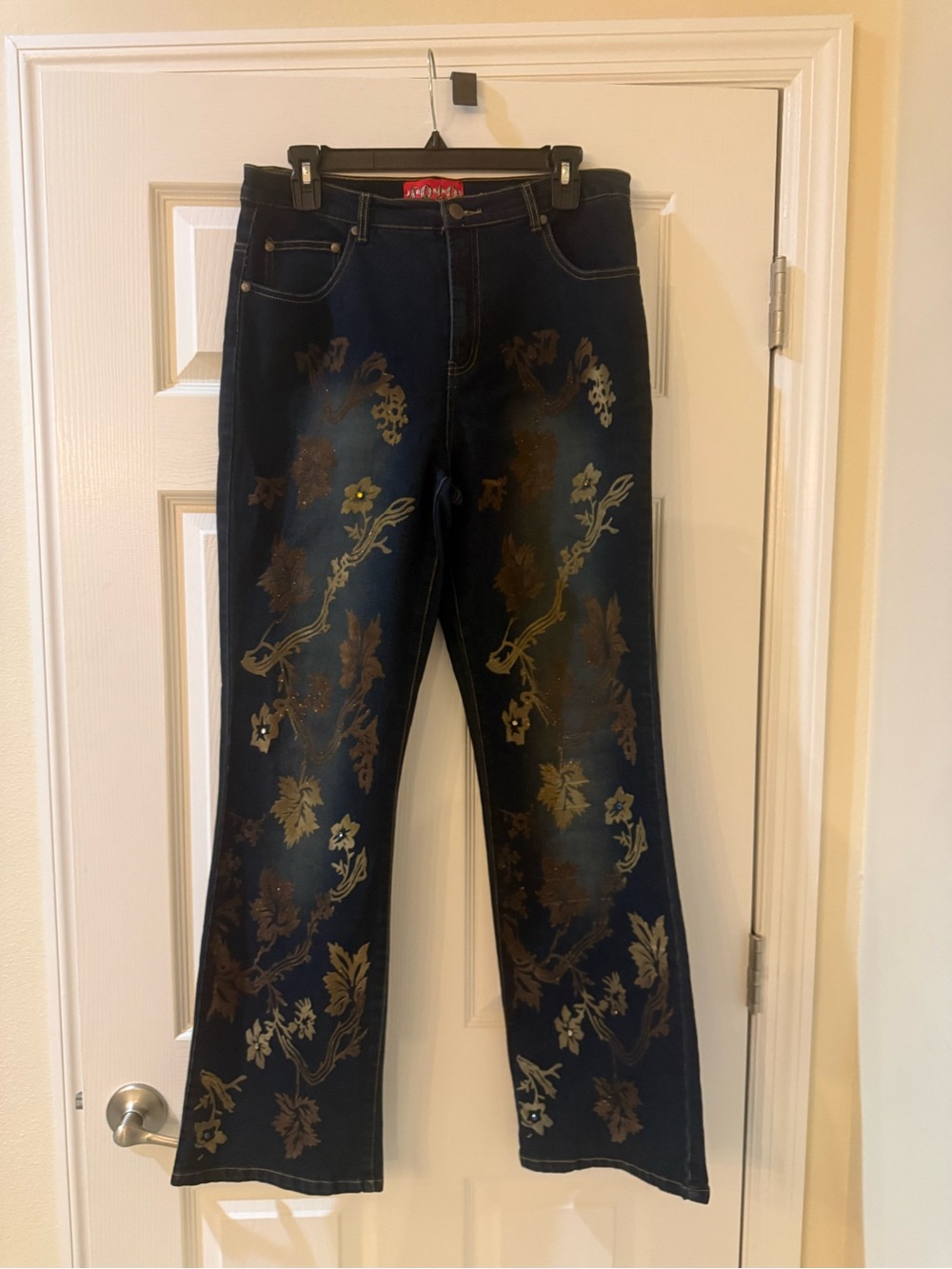 solo Dark Blue Floral Wide-Leg Jeans with Gold Accents